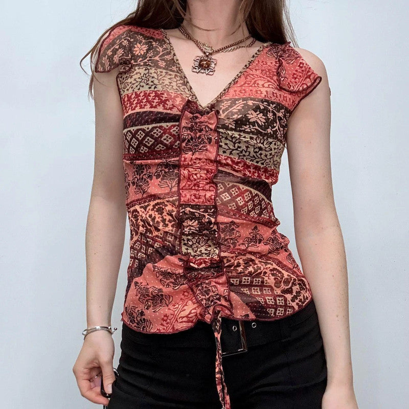 sheer gathered patchwork mesh vest