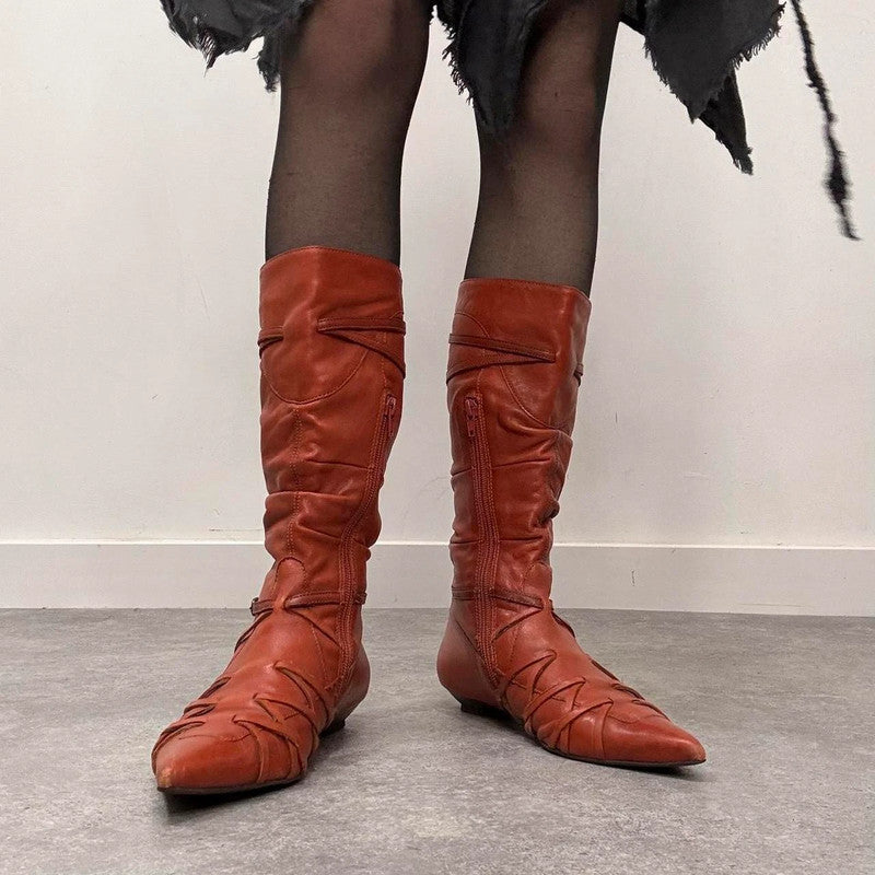 orange leather pointed pixie boots