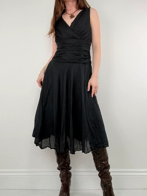 Black pleated cotton flared monsoon dress