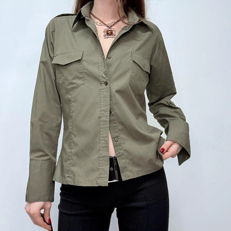 khaki fitted flared military style shirt