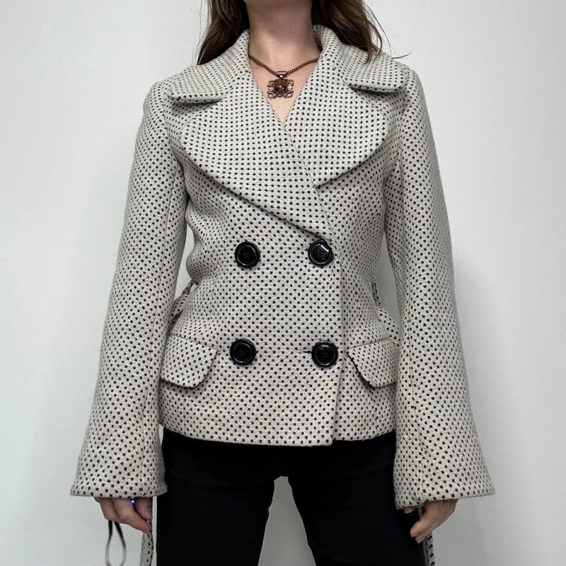 cream wool polkadot flared pea coat