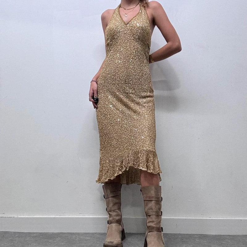 gold beaded silk halter neck midi dress