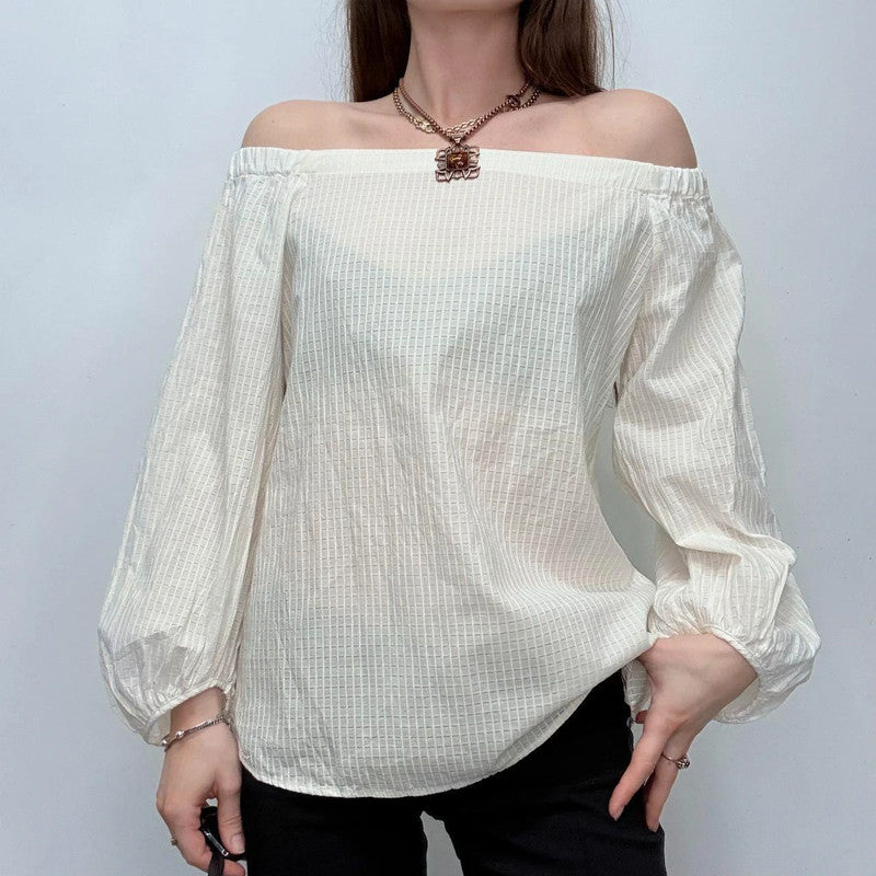 cream sheer off the shoulder puff shirt