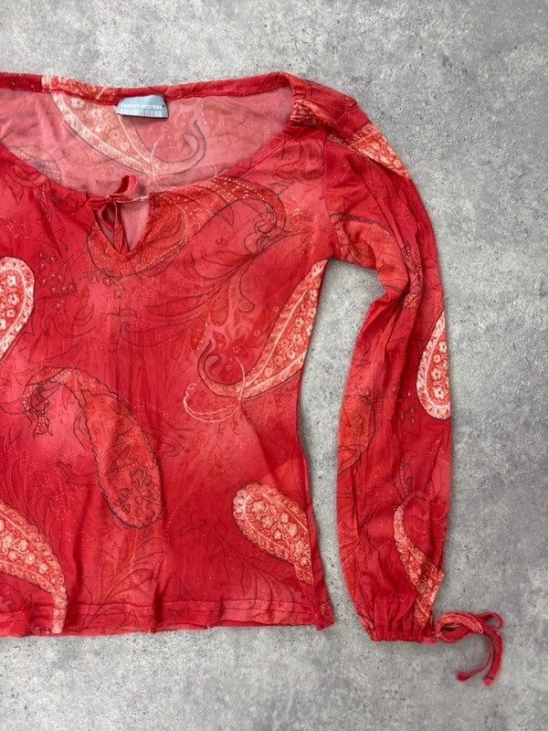 sheer paisley slouchy off-the-shoulder mesh blouse