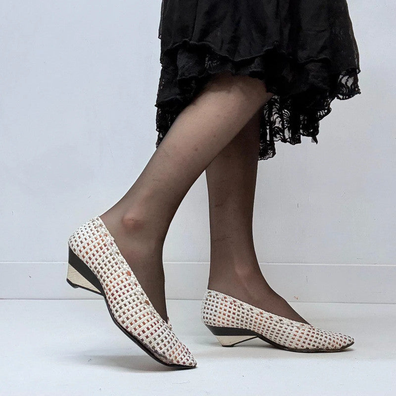woven white leather ballet pumps