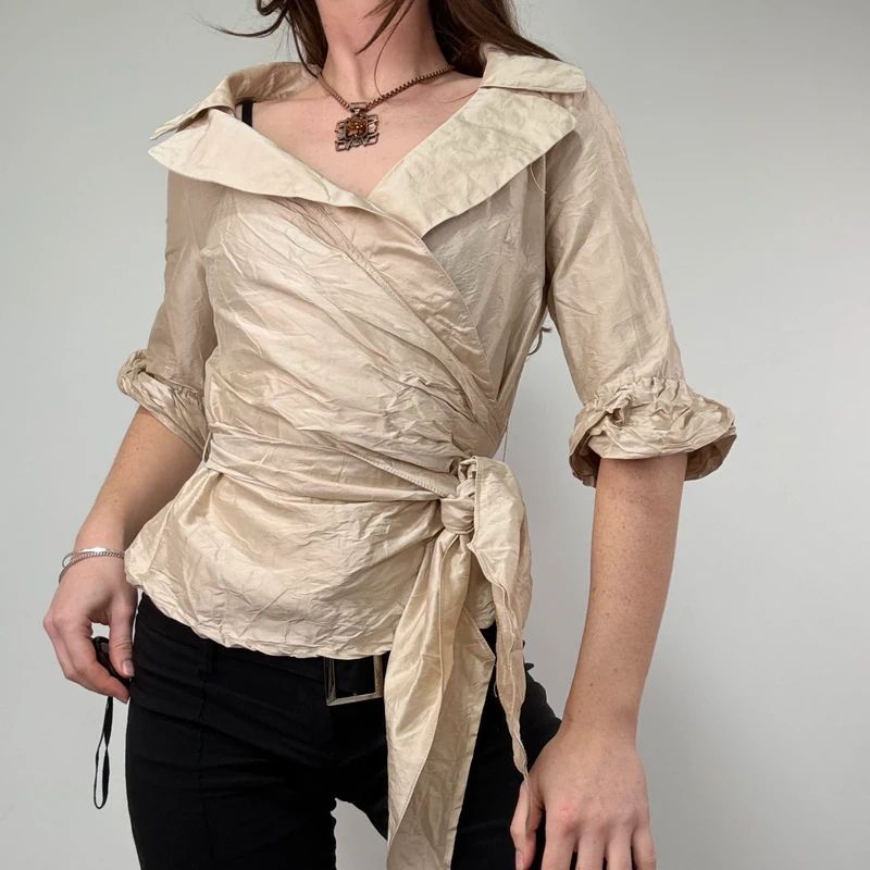 gathered crinkle silk structured wrap shirt