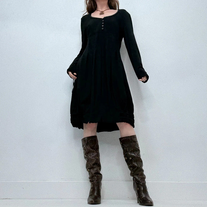 black long sleeve pleated puff midi dress