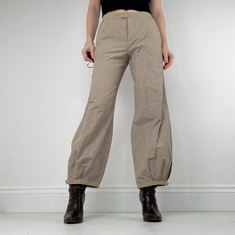 brown pinstripe pleated hem puff cotton trousers