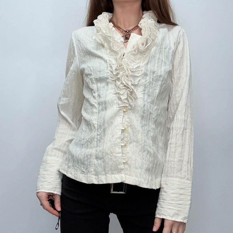 white pinstripe ruffle shirt