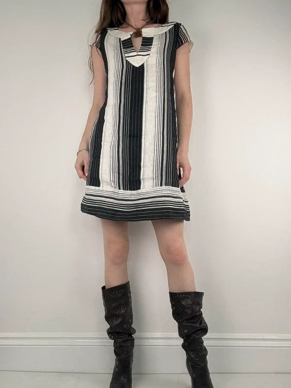 black and white linen pinstripe a-line mini dress