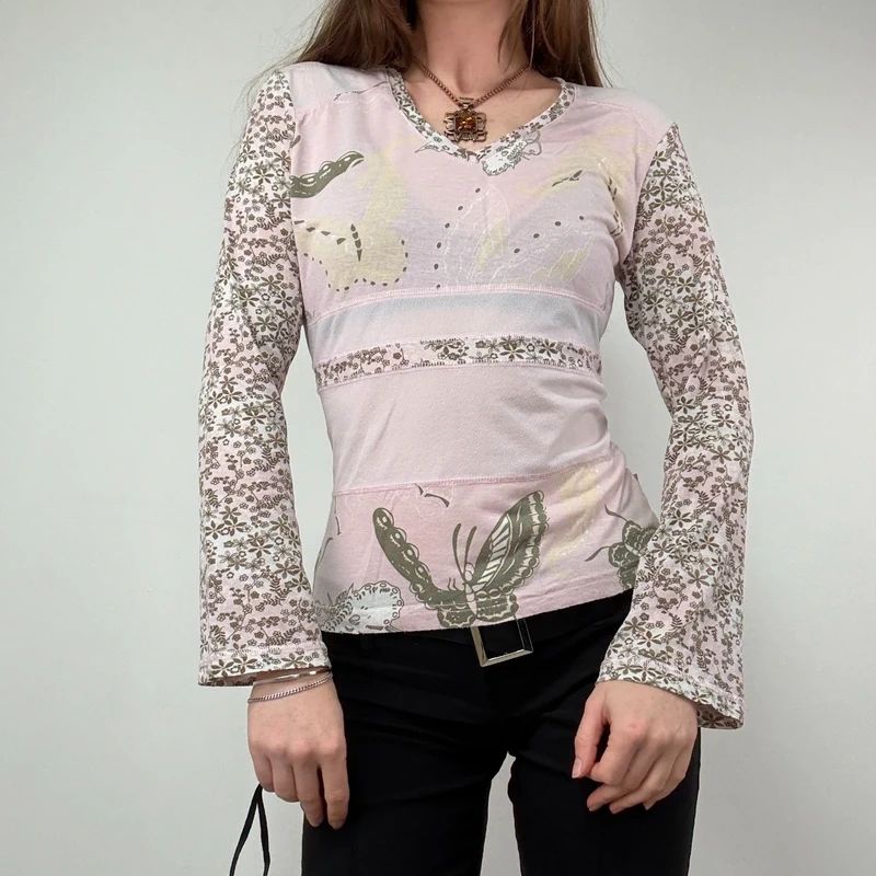 Vintage pastel pink floral long sleeve fairy t-shirt