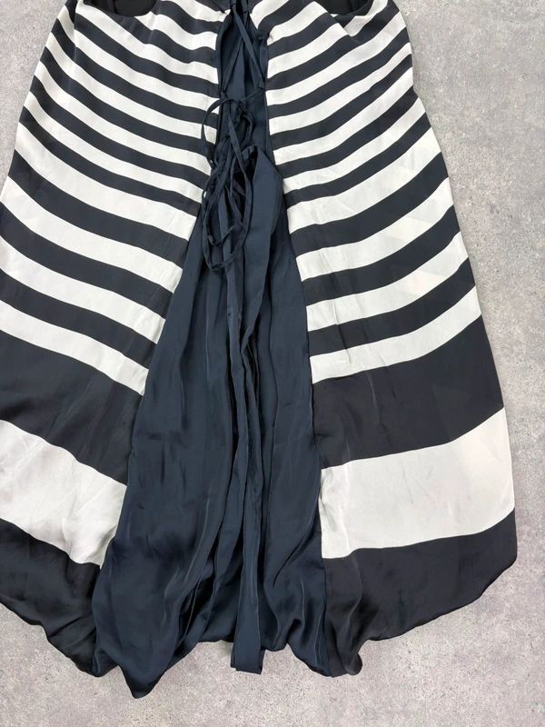 Navy and white striped asymmetric midi dress
