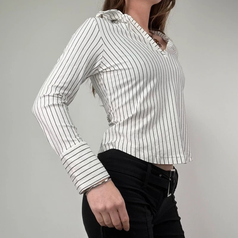 white pinstripe fitted flared shirt