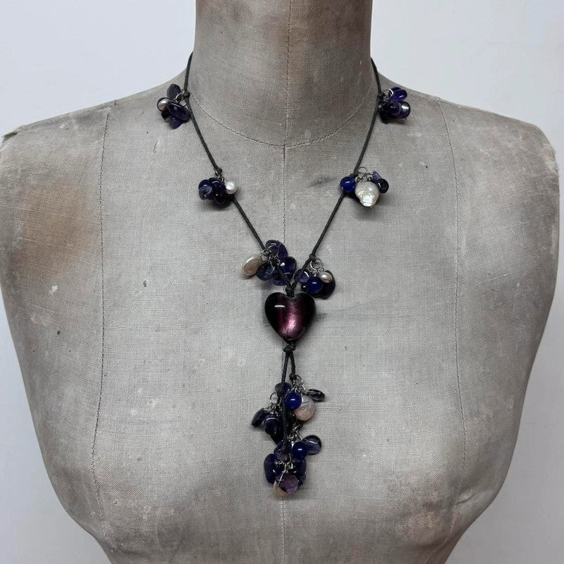 layered amethyst pearl charm necklace