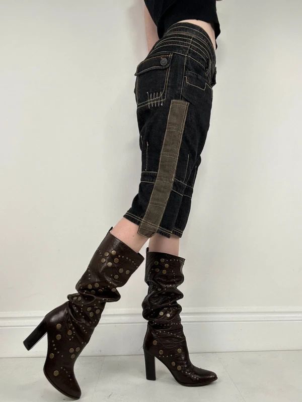 distressed black denim jorts capri pants