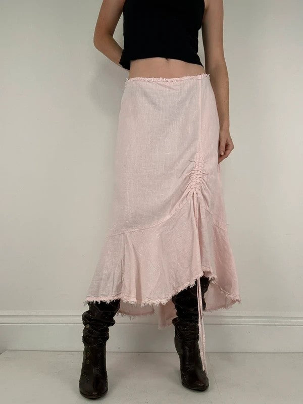 Pink linen flared asymmetric midi skirt