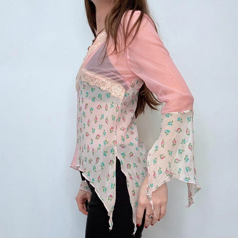 pastel pink flutter flared boho hippie shirt