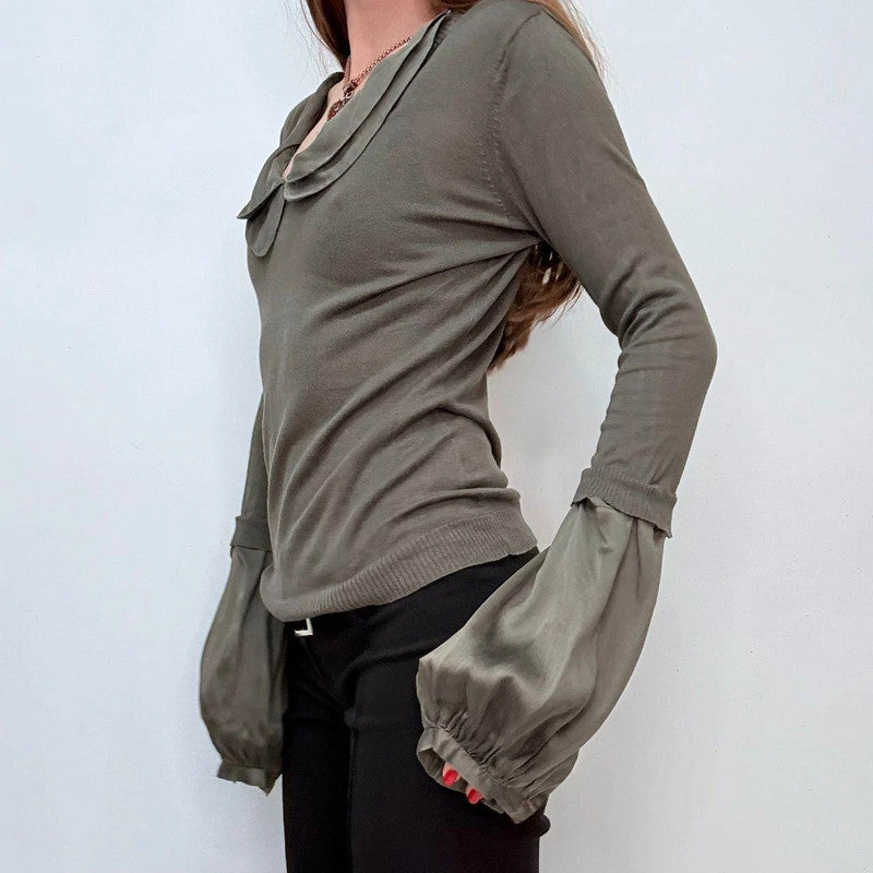 khaki flared puff silk sleeve shirt