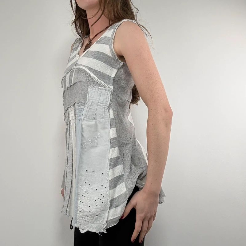 grey striped patchwork asymmetric vest