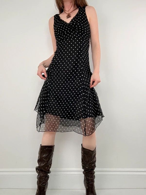 silk black and white polkadot slip dress