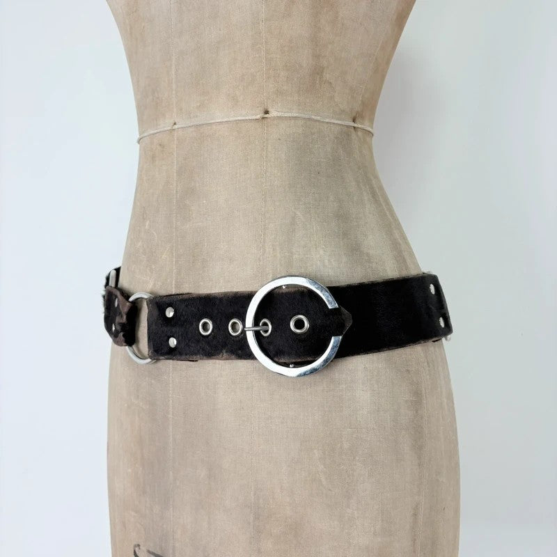 Pony hair cow hide leather chain link belt