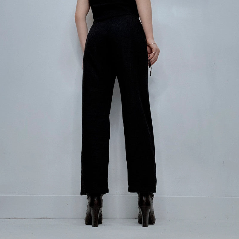 black linen wide leg embroidered trousers