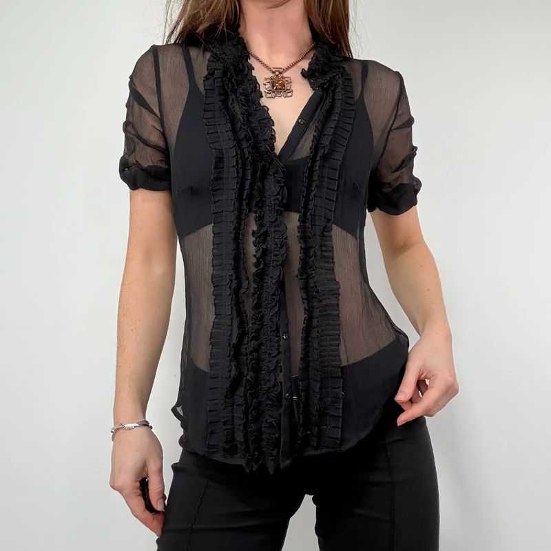 black sheer silk ruffle shirt with short sleeves