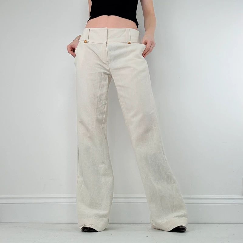 white flared wide leg thick waistband trousers
