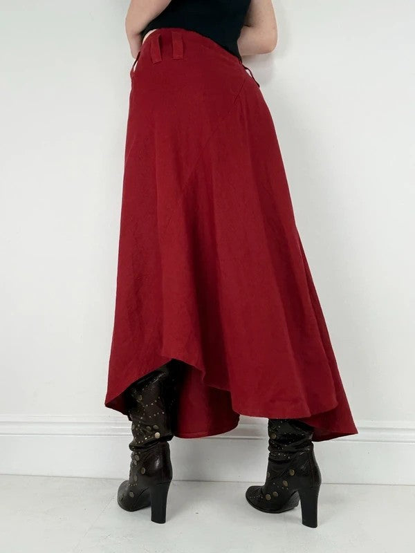 red linen bias cut asymmetric maxi skirt