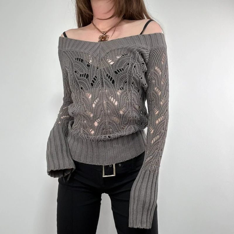 khaki lace knit off the shoulder slouchy jumper