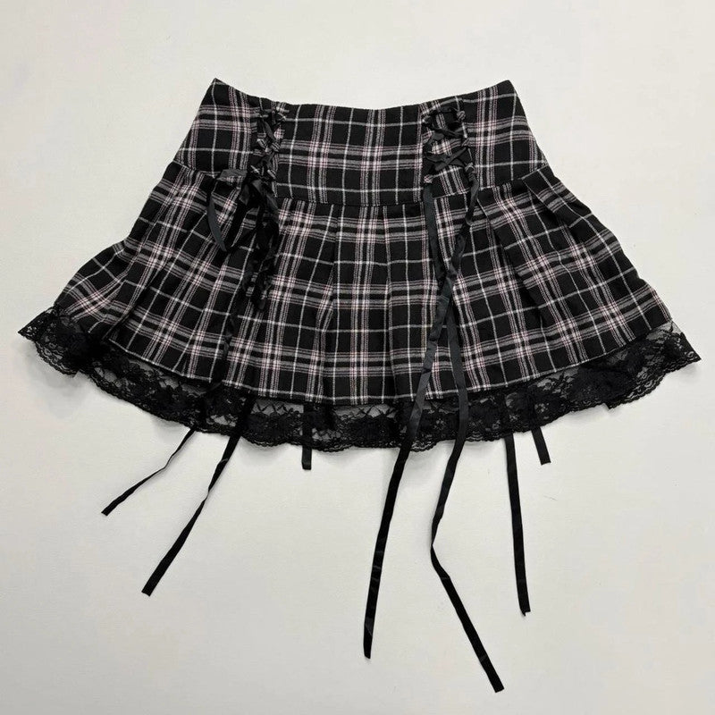 black pleated mini tartan skirt