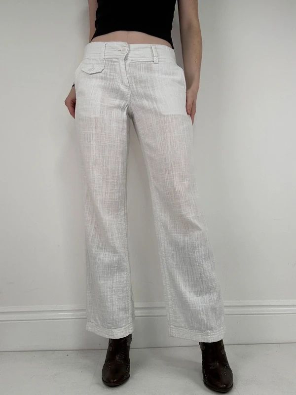 white linen wide leg low rise trousers