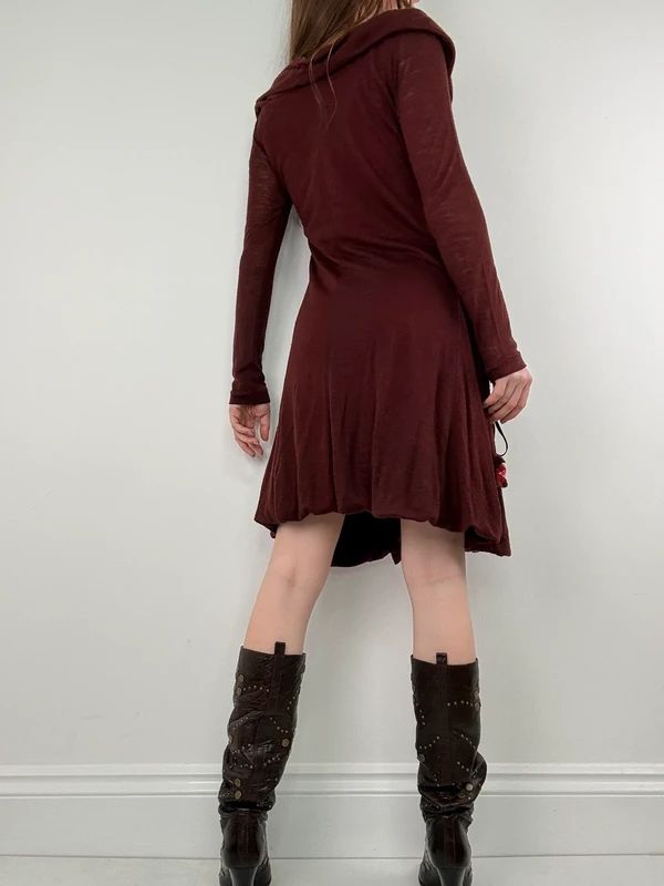 layered cinched long sleeve burgundy flared dress