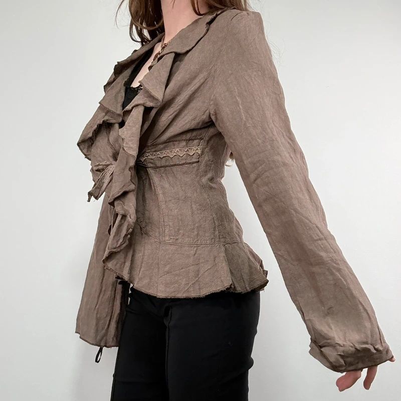 brown linen flared fitted ruffle shirt