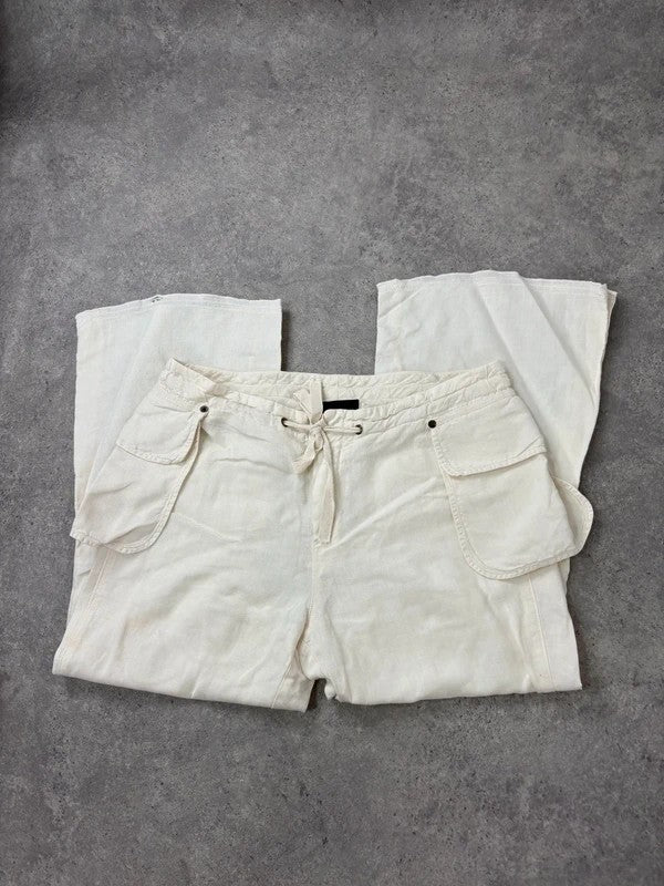white linen flared utility button trousers