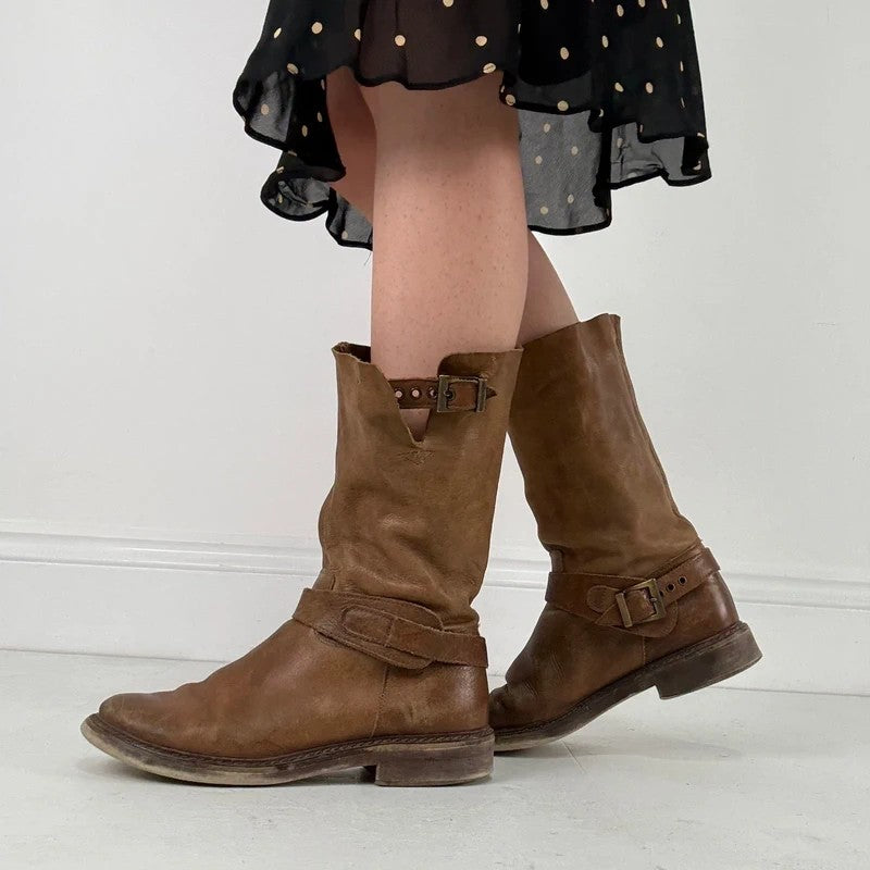 Tan leather buckle biker boots