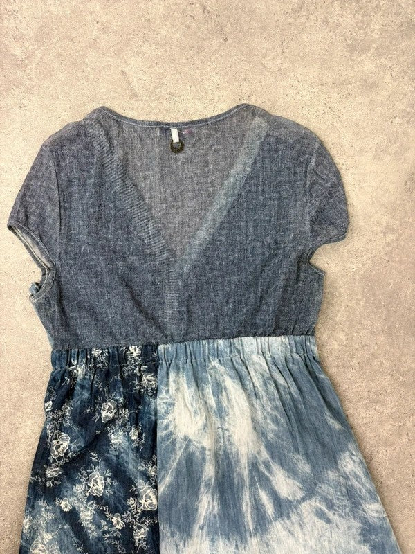 Floral lace blue flared patchwork midi dress