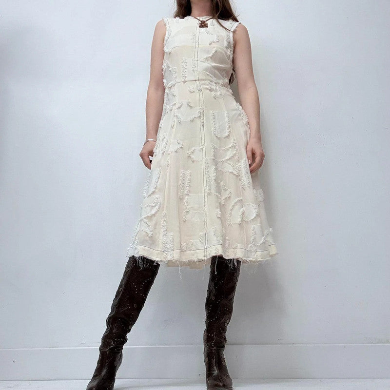 distressed cream midi dress