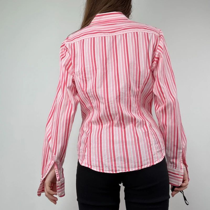 Pink Pinstripe Fitted Shirt with V-neck button style front.