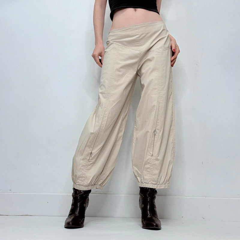 puff pleated barrel leg low rise trousers