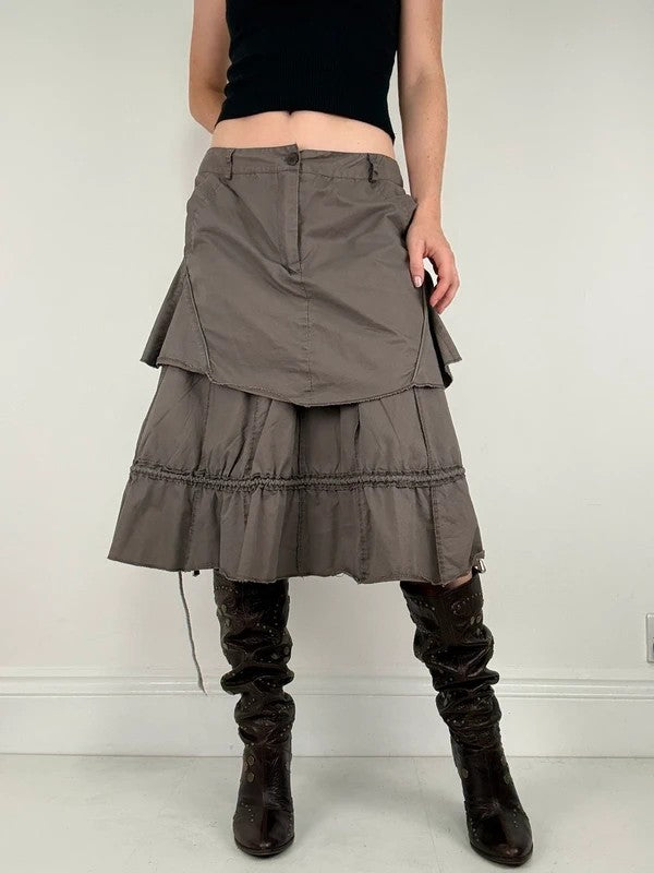 Khaki layered ruffle midi pleated skirt