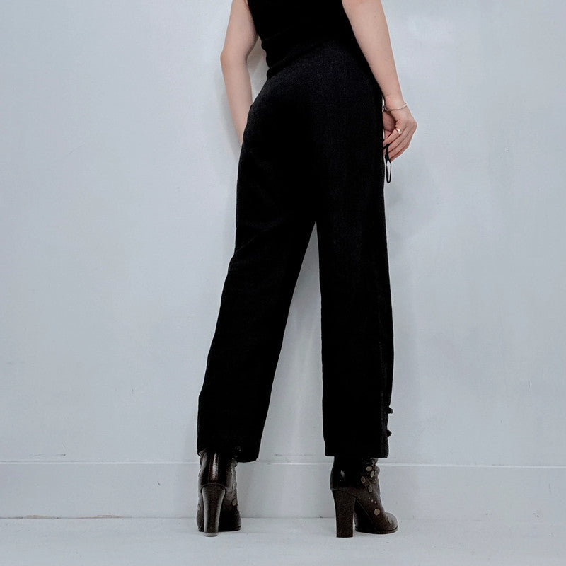 black linen wide leg embroidered trousers