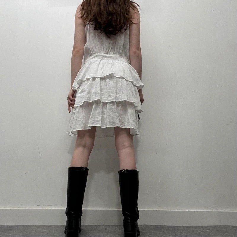 white linen ruffle dress