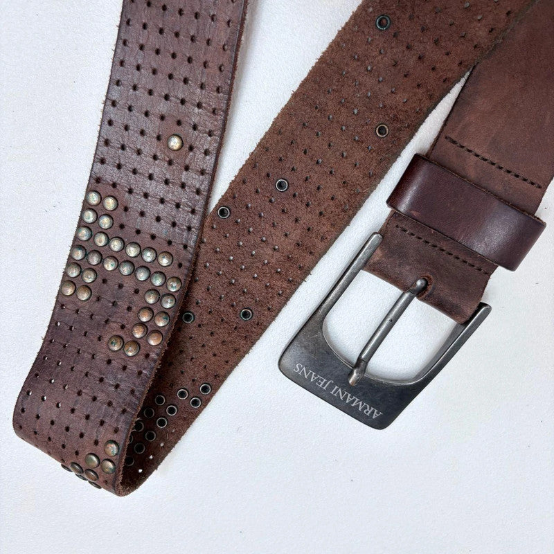brown leather studded metal belt