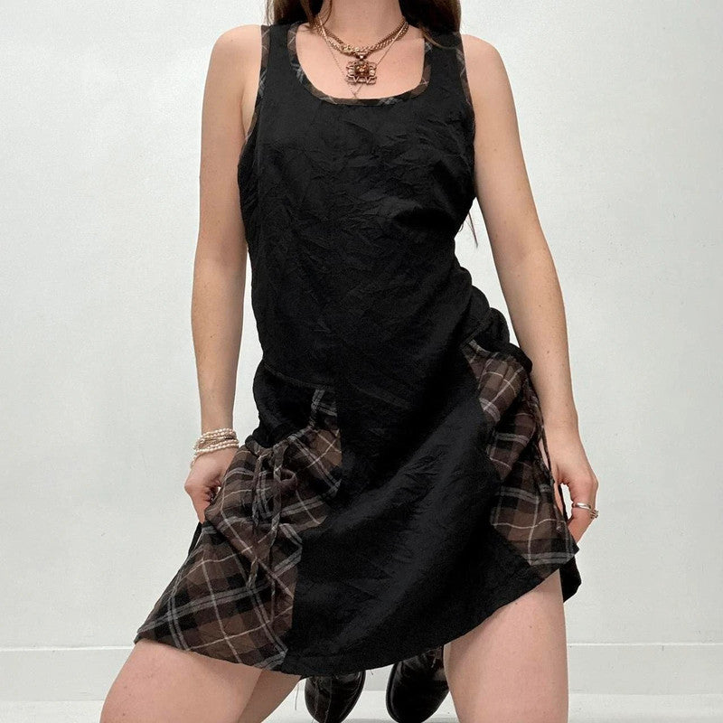 black tartan puff mini dress