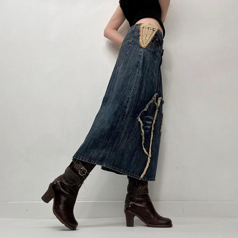 Contrast denim distressed crochet skirt