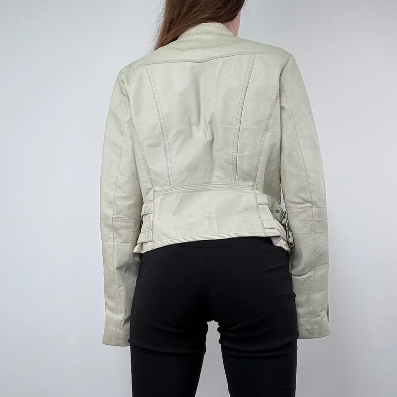 Cream Cropped Leather Biker Jacket