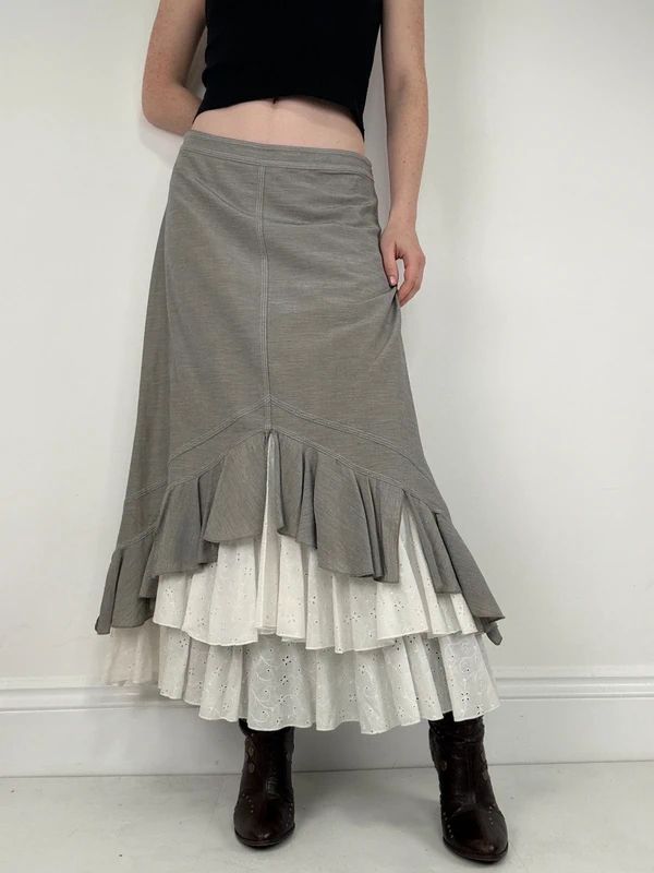 Pleated flared layered ruffle maxi skirt