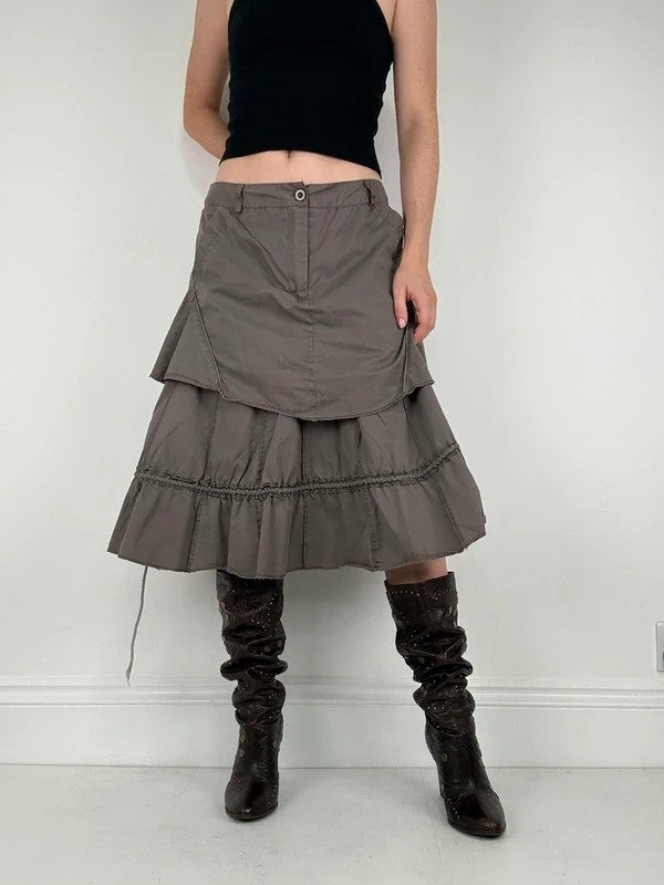 Khaki layered ruffle midi pleated skirt