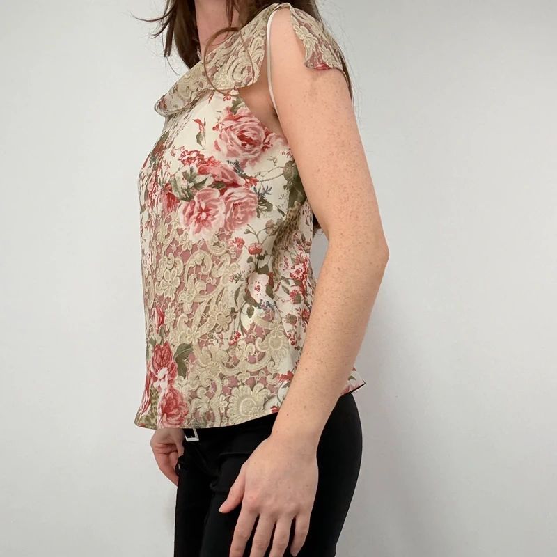 Lace Print cowl neck Drape Vest